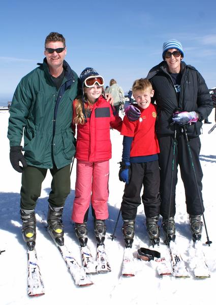Two families from Christchurch enjoying spring ski conditions at Mt Hutt ski area (From L-R) John Parry, Lucile Parry, Sam Kreft, Erin Kreft